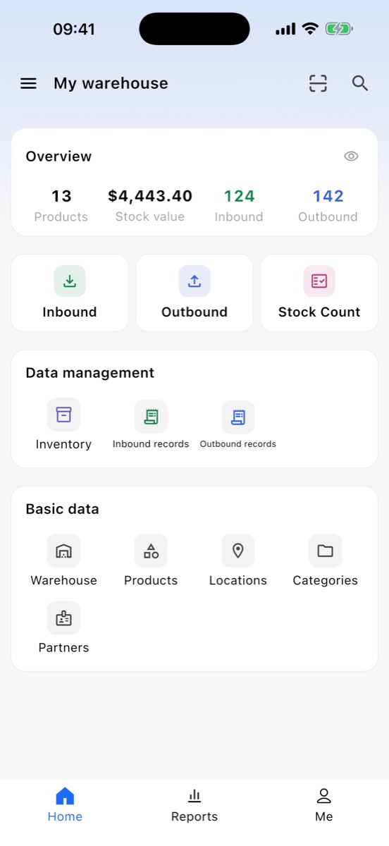 SkuStock home screen showing product count, stock value, and today's inbound and outbound