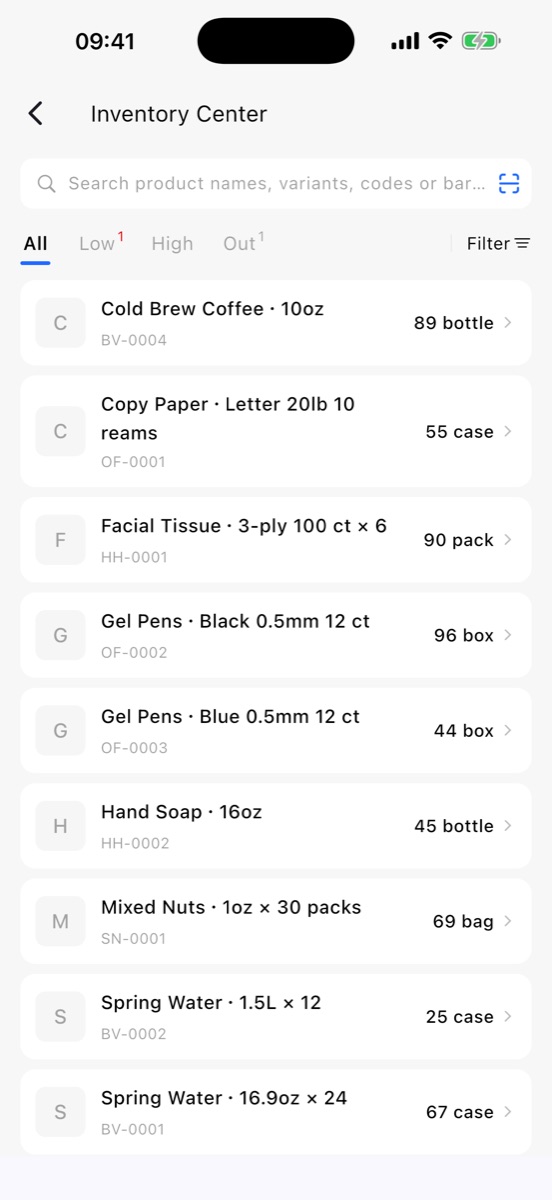 Inventory list with search by name, SKU or barcode and low-stock flags