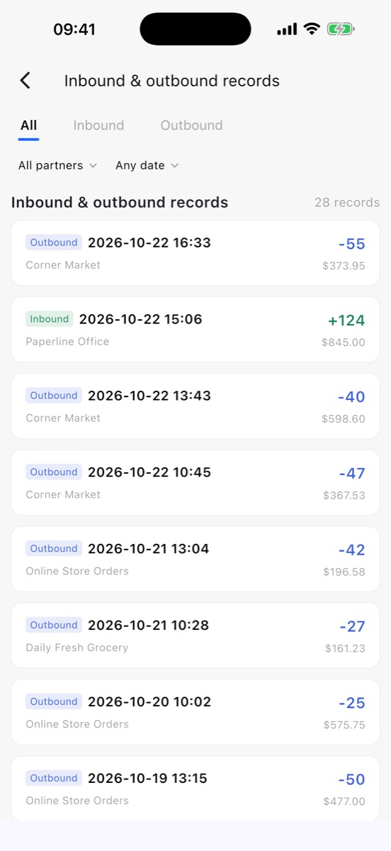 Stock in and stock out history filtered by type, partner and date