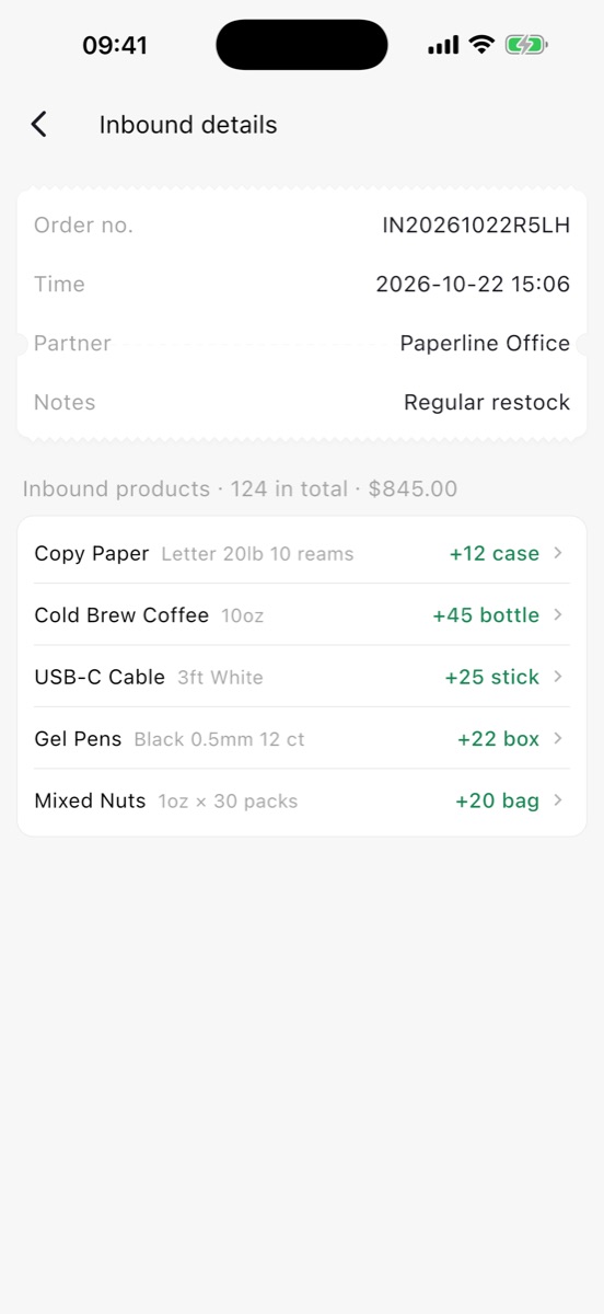 Inbound order details with order number, time and partner