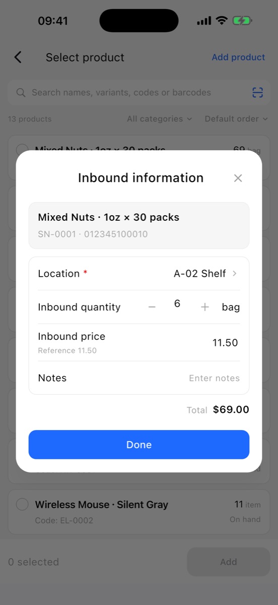 Receiving stock into a storage location