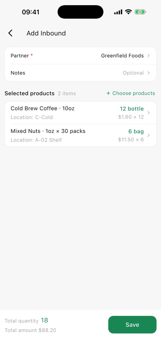New inbound order with quantities, unit prices and automatic totals
