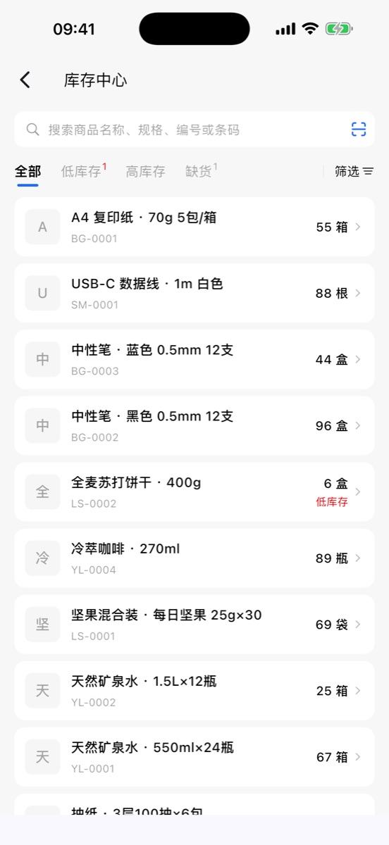 库存中心：按名称、编码、条码搜索，低库存自动标出